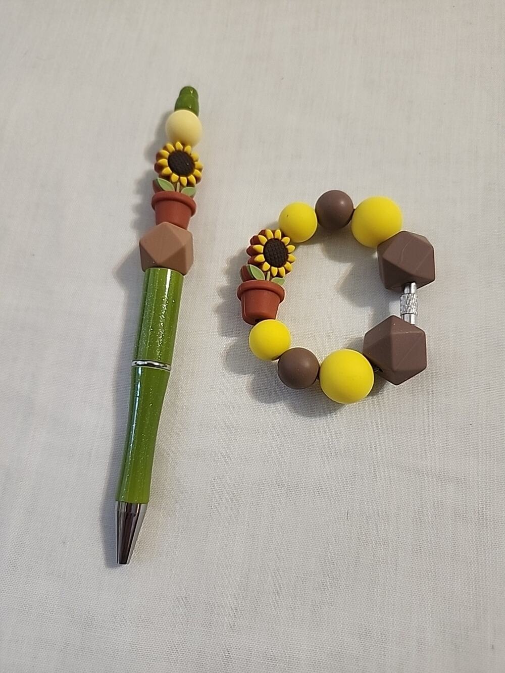 Bead Pen & Cup Charm Matching Combo Fall Sunflower Green Brown Yellow Silicone